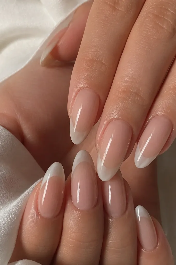 Almond nails with a milky white French tip that looks slightly cloudy, not pure opaque. The rest of the nail is sheer nude. The whole set is very glossy, reflecting light like glass.
