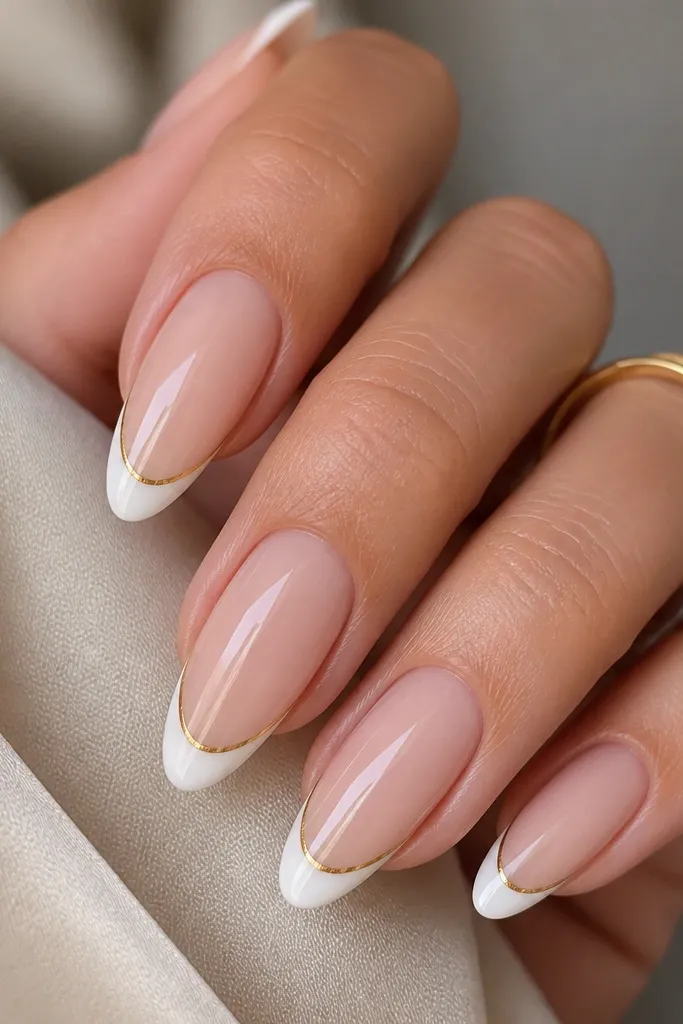 Almond nails with a sheer nude base. The French tip is bright white. Along the top edge of the white tip there's a hairline gold strip that follows the curve. Nails are glossy.