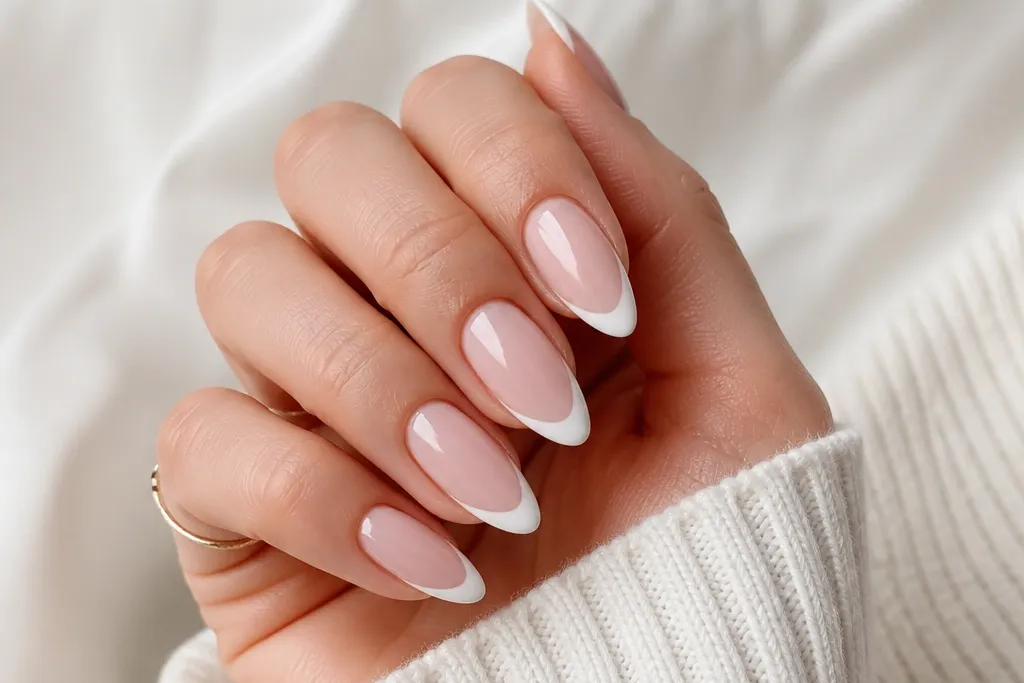 Quick 5-minute white almond french tip nails