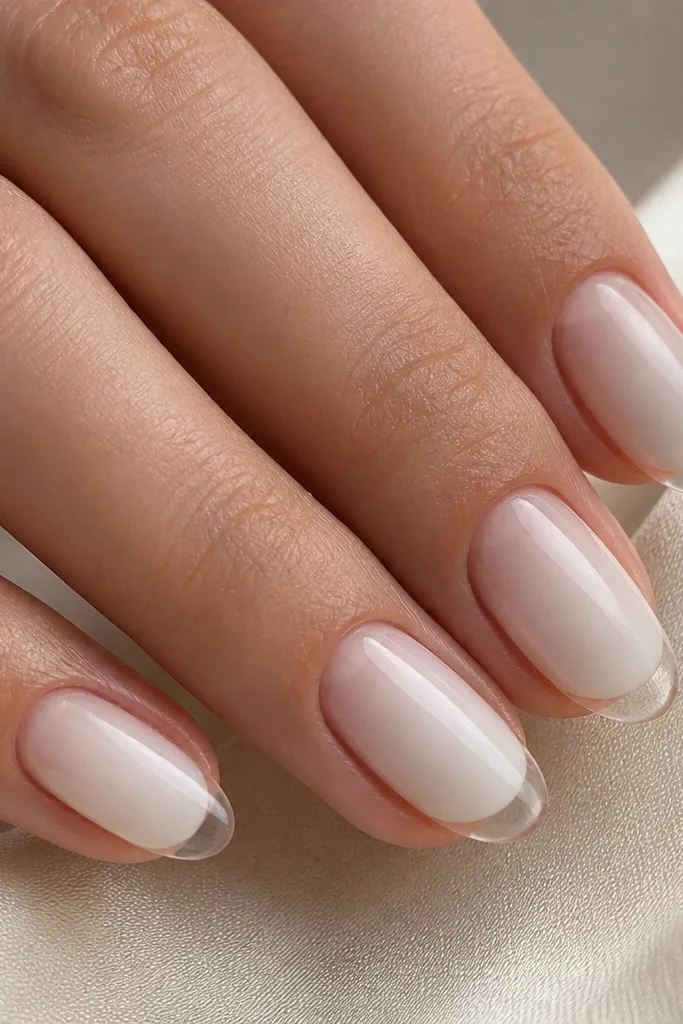 Four nails shown. The nails are almond and short. The base is sheer clear near the cuticle, then a milky white covers the center and fades toward the sides. The very tip has a small clear window so the nail edge looks see-through. Everything is glossy.