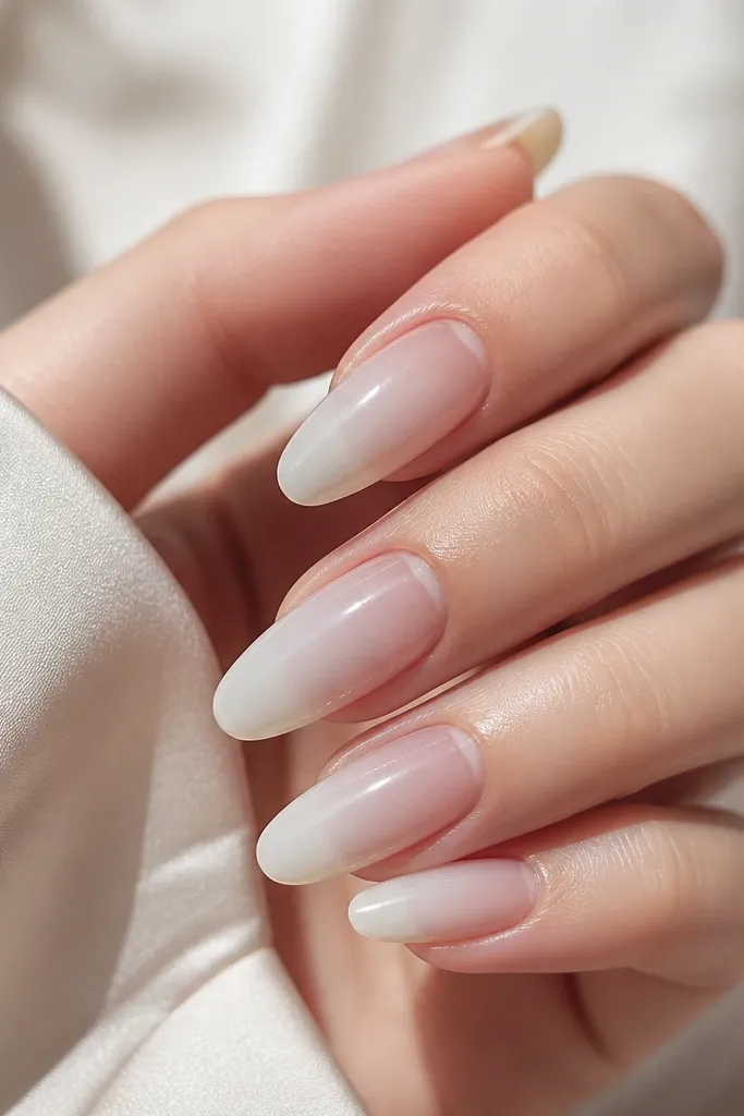 Five nails with a smooth gradient. The cuticle area is sheer clear. The middle becomes milky white, and it fades into a slightly transparent tip. The finish is glossy and very smooth.
