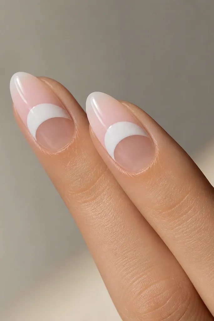 Two nails shown clearly. The nail has a sheer base. A white half-moon sits around the center line, leaving the lower half transparent. The white is shaped to follow the almond curve, and the rest is clear and glossy.