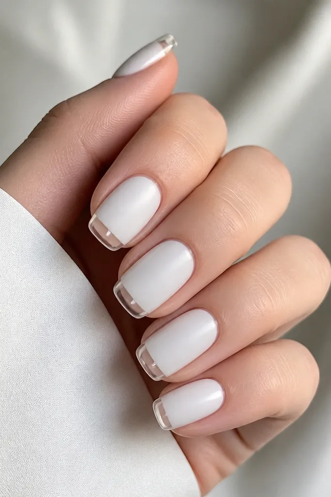 Five nails with a matte milky white body. The tips have a glossy clear cap that catches light. The cuticle area is clean and the edges are sharp.