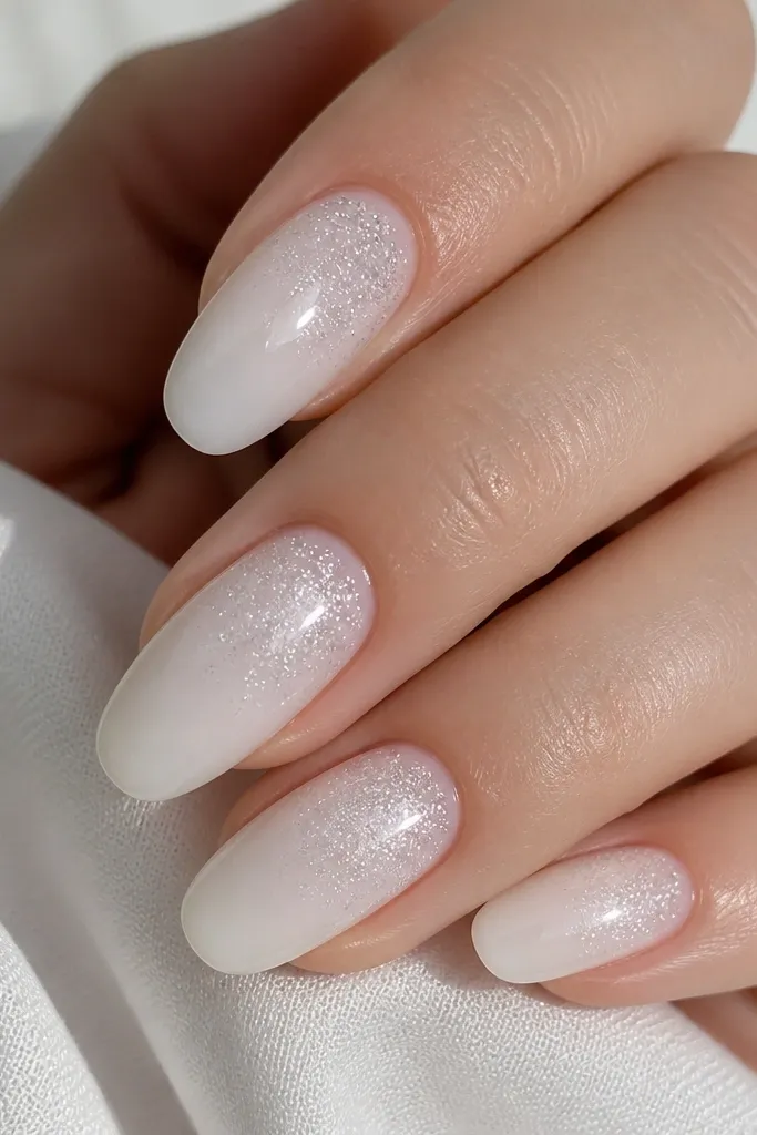 Five nails. The base is milky white, and a soft frost of tiny white glitter concentrates near the tips. The glitter fades down toward the middle and is almost invisible near the cuticle. Glossy top coat.