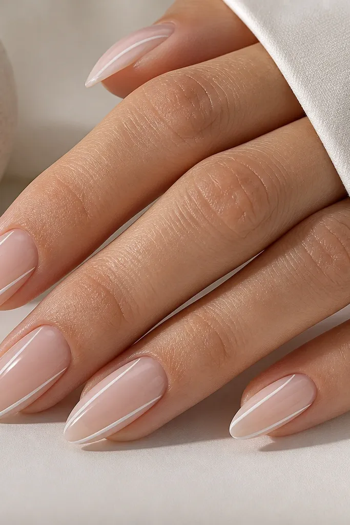 Five nails with a sheer nude base. Two thin white lines run along each side of the nail, starting near the middle and tapering toward the tip. The lines are straight and clean, with a glossy finish.