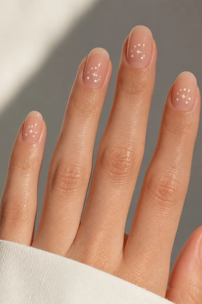 Five nails on a sheer nude base. Small white dot clusters look like tiny stars around the center of each nail. A couple of dots have short micro lines like starbursts. Glossy top coat.