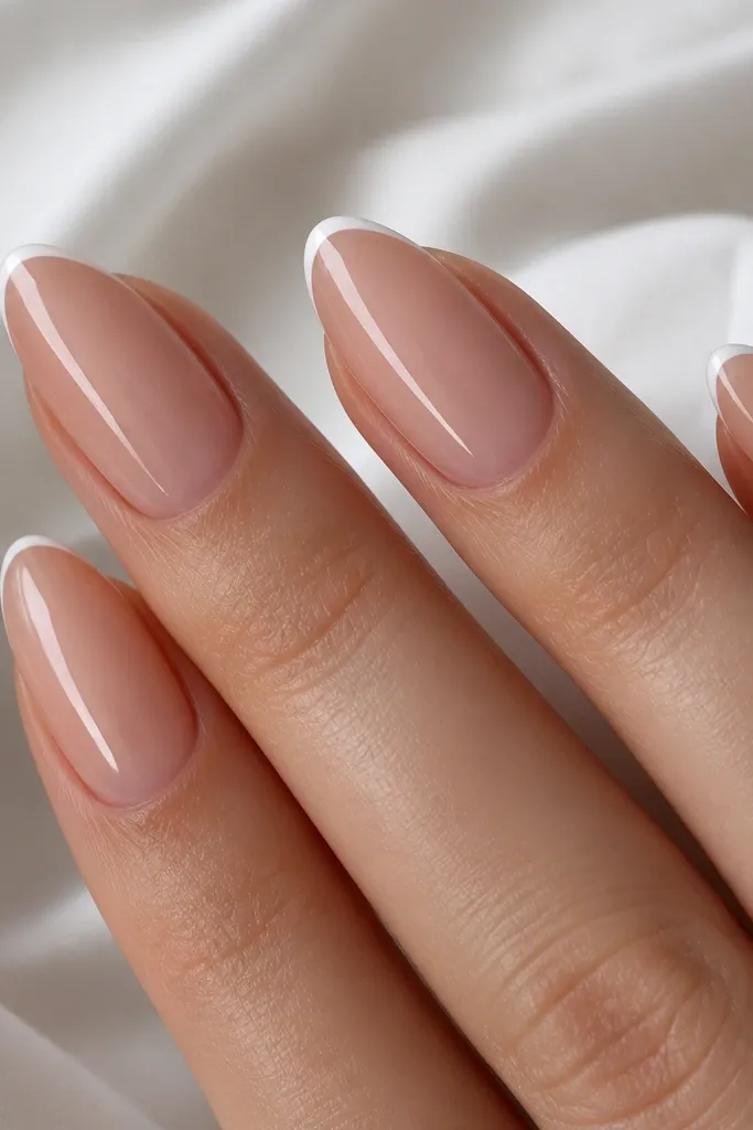 Close-up of almond nails with a sheer nude base and very thin milky-white French tips. Tips are about 1 millimeter tall, with crisp edges and no other decorations.
