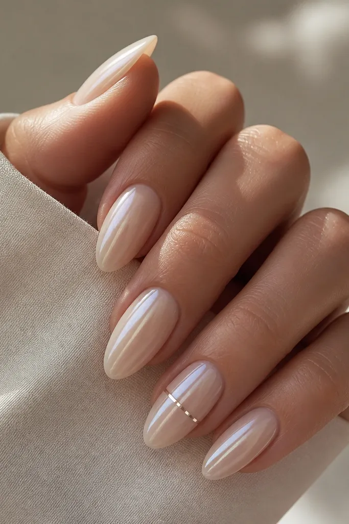 Almond nails with a nude base and icy white chrome finish. On the ring finger, there is a single thin silver line across the middle, like a straight slash.