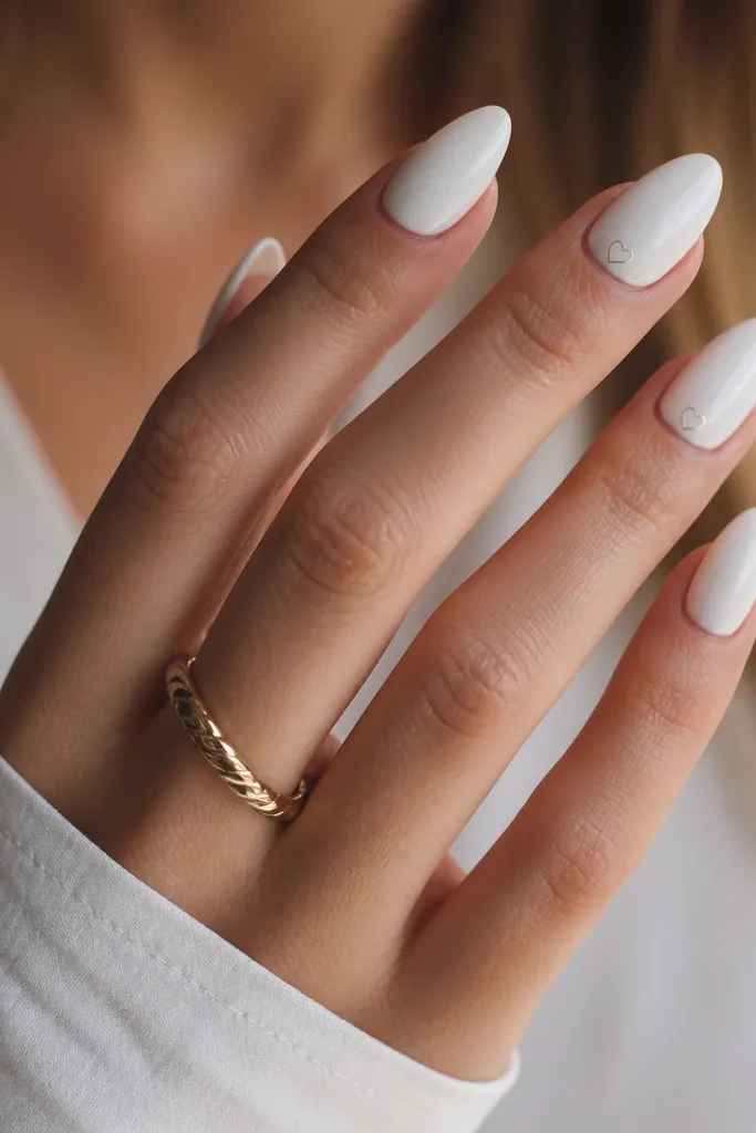 White opaque almond nails. Each nail has a tiny gold outline heart near the cuticle on alternating fingers, with lots of negative space between hearts.
