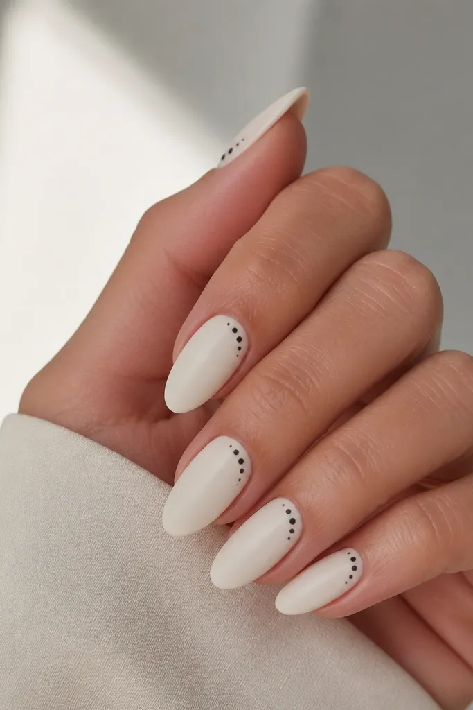Almond nails in creamy white with a matte finish. Tiny black dots sit in a diagonal line from the side of the cuticle toward the center on each nail.