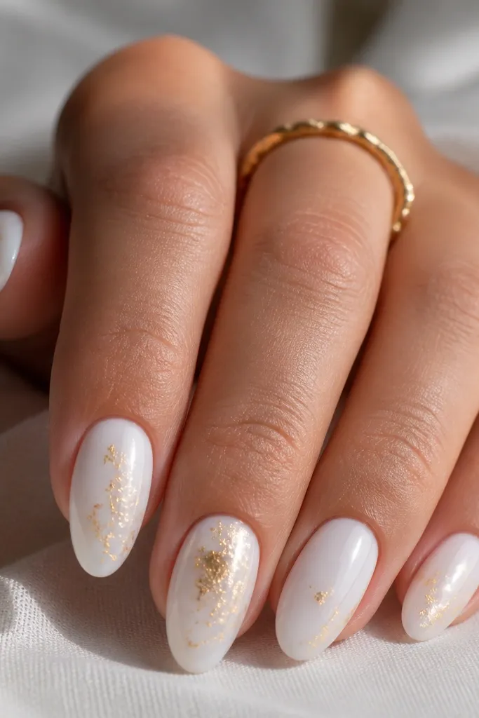 White opaque nails with scattered gold leaf flakes across the nail surface. The flakes are concentrated near the center on two nails and lighter on the others.
