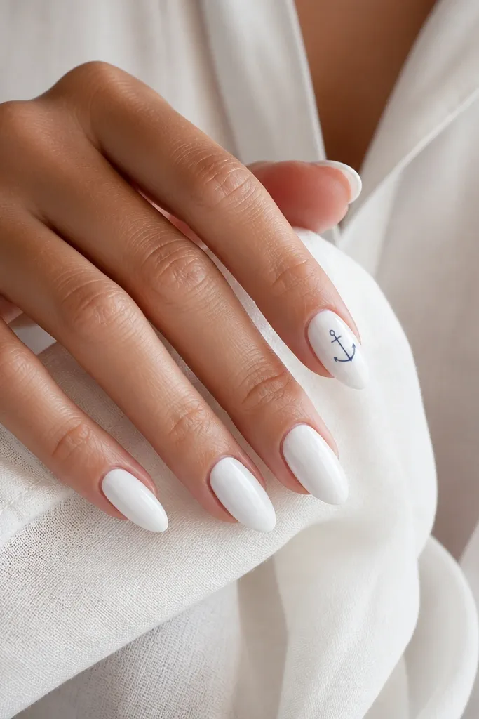 White almond nails with one navy anchor outline on the index finger. The anchor is thin and minimal, with a tiny dot near the bottom of the rope.