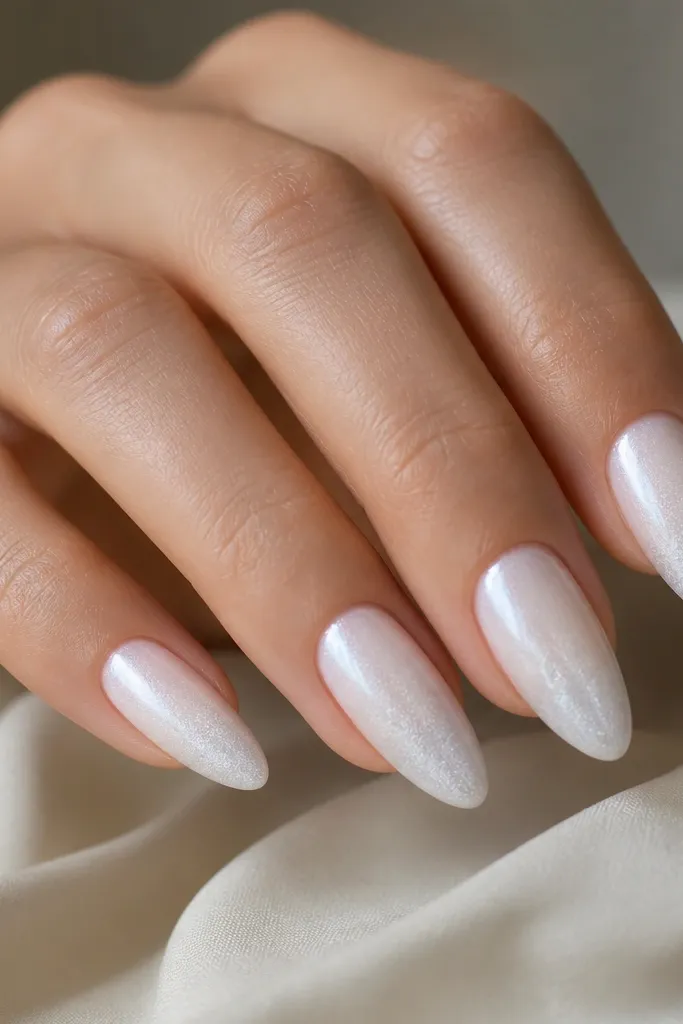 Almond nails that start opaque pearly white near the cuticle and fade into a slightly deeper shimmer toward the tip. No hard edges, just a soft gradient.