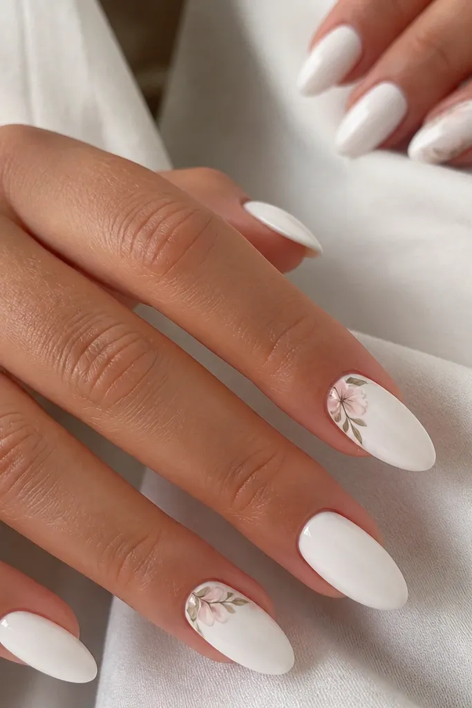 White almond nails with tiny blush pink flowers and leaves. Flowers sit near the sidewall on two nails; other nails stay plain white.