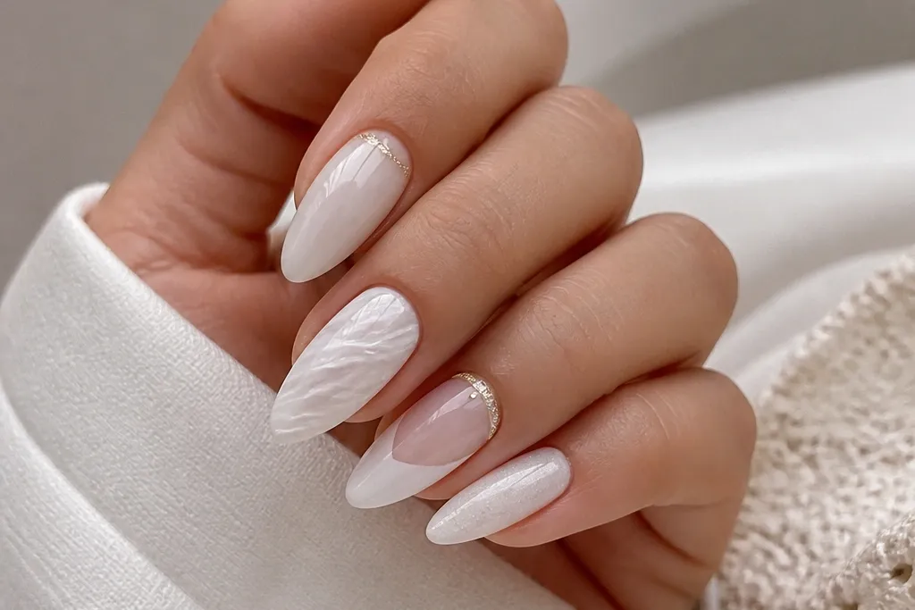Year-round white almond nails with designs