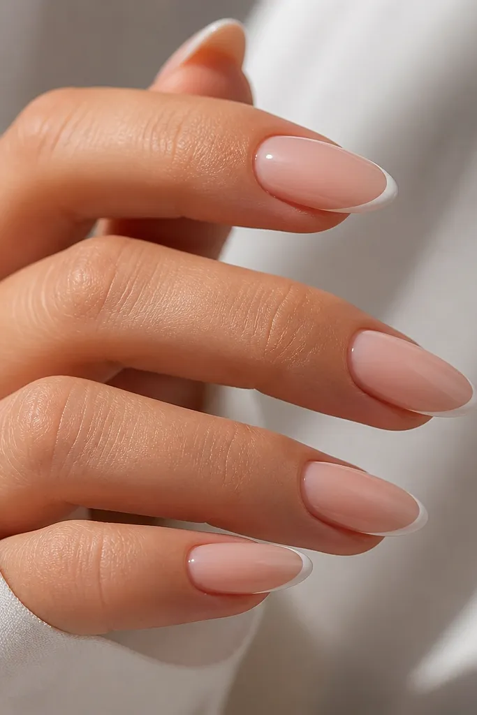 White almond nails with a thin snow-white French tip. The smile line is a narrow curved line, and the rest of the nail is sheer nude-pink with high shine.