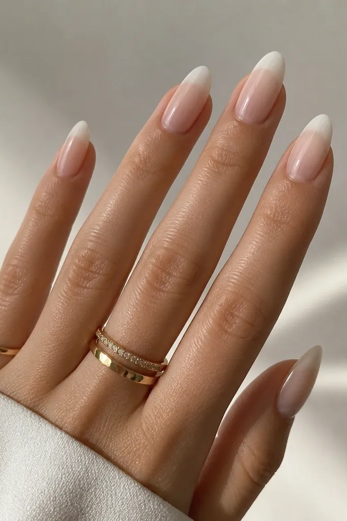 Almond nails where the tips are milky white and the color fades into a clear or sheer center. The fade is smooth, with no harsh banding.