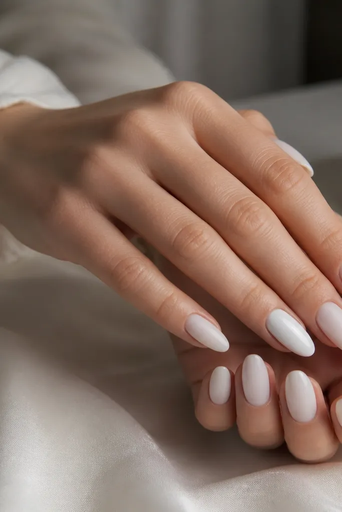 Mostly matte white almond nails with a soft velvety finish. One accent nail per hand is glossy white, reflecting light sharply.