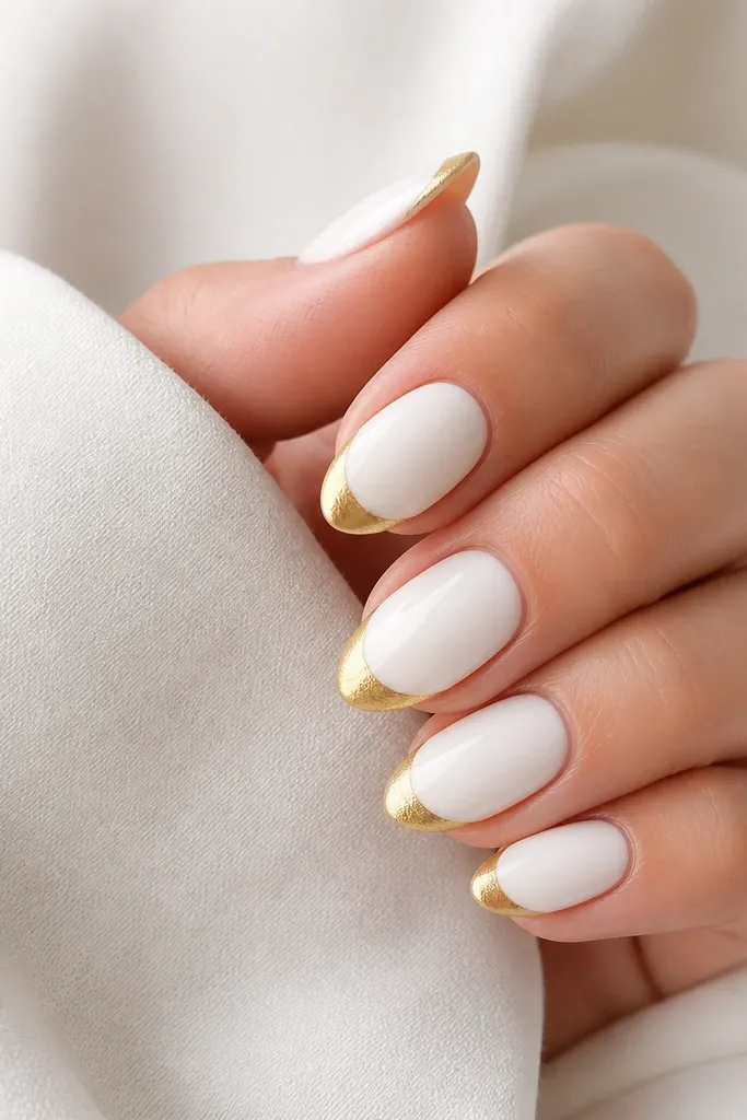 Glossy white almond nails with a thin gold foil half-moon at the tip. The gold sits like a curved cap, leaving most of the tip white.
