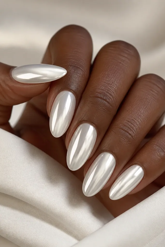 Ten nails in glossy icy white chrome on almond shape, bright mirror reflection with crisp cuticle lines.