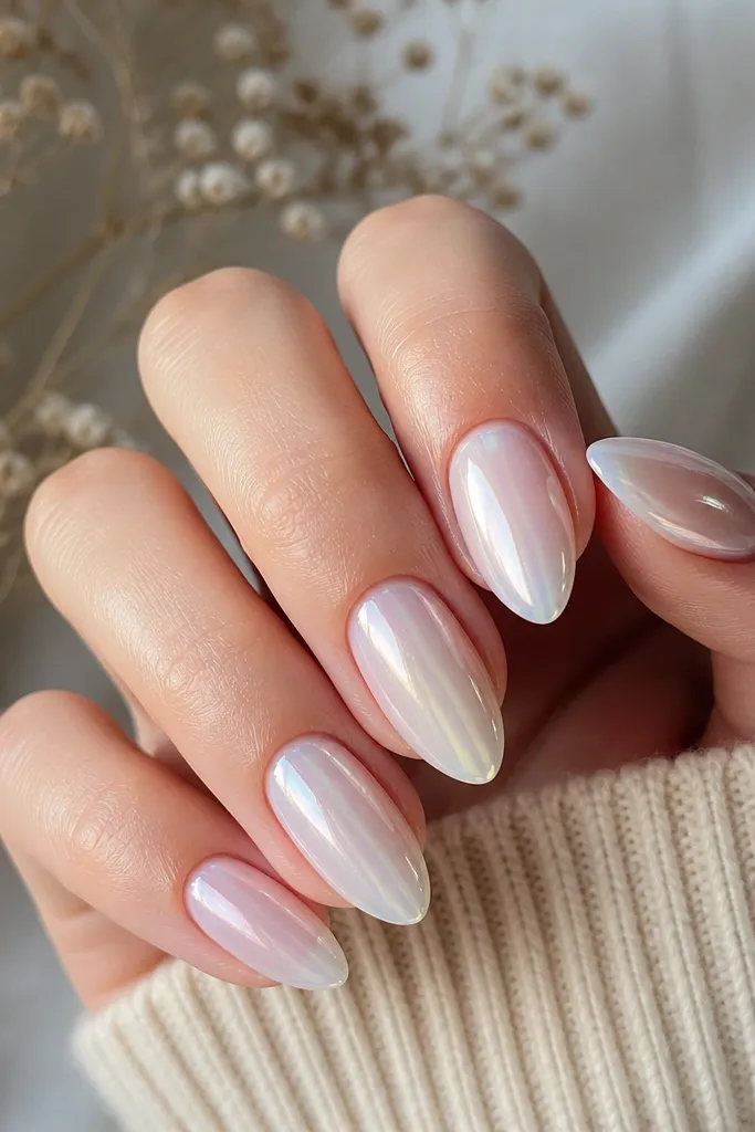 Almond nails in pearly white chrome with a faint blush tint, soft rainbow flash under light, smooth glossy finish.
