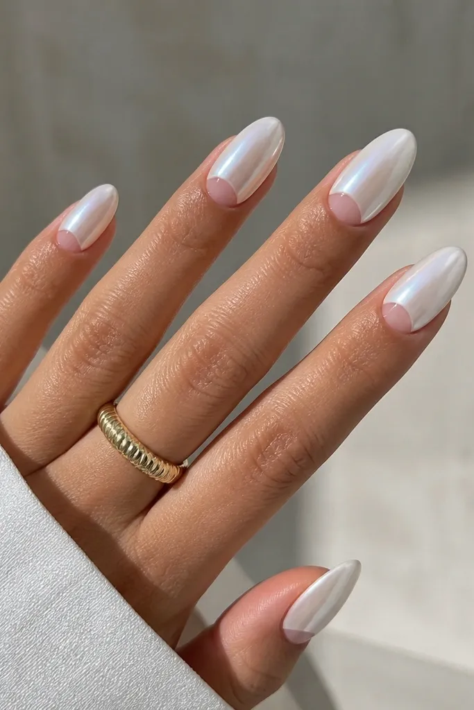 Almond nails with a clear negative-space half-moon near the cuticle and white chrome covering the rest, glossy and clean.
