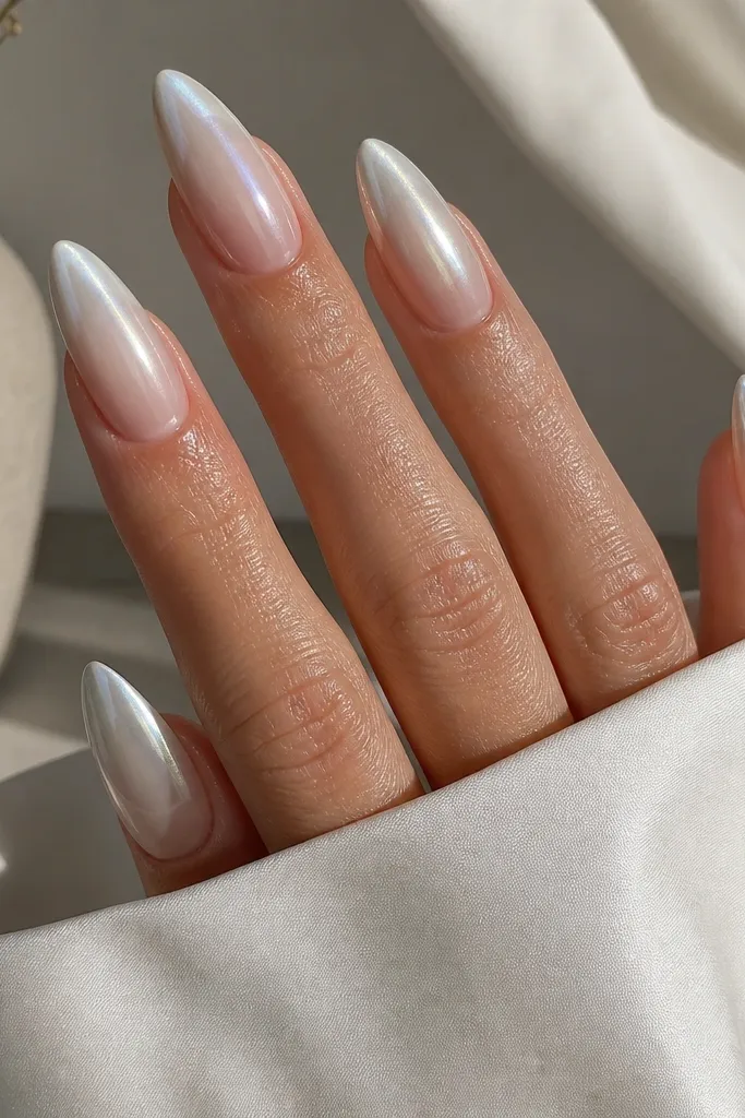 Almond nails with white chrome strongest at the tip and fading into a clear or sheer base toward the cuticle, glossy.