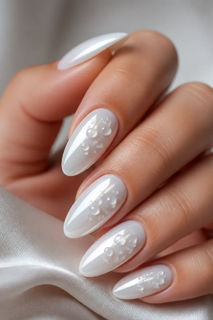 White chrome almond nails with three-dimensional raindrop dots clustered near the center and glossy highlights.