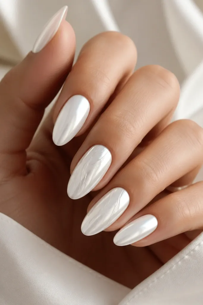 Most nails are solid white chrome; two accent nails have thin swirling silver-white chrome veins over the white, glossy.