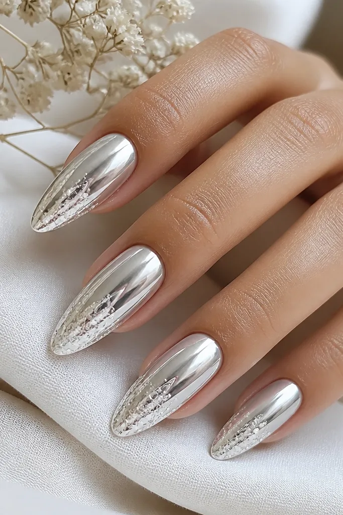 White almond nails with a mostly solid chrome finish and subtle silver-white foil flakes clustered near the tip, glossy.