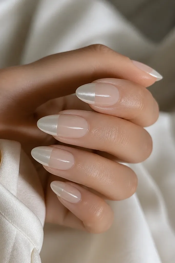 Almond nails where the top half is white chrome and the bottom half looks sheer and glossy, with a sharp dividing line.