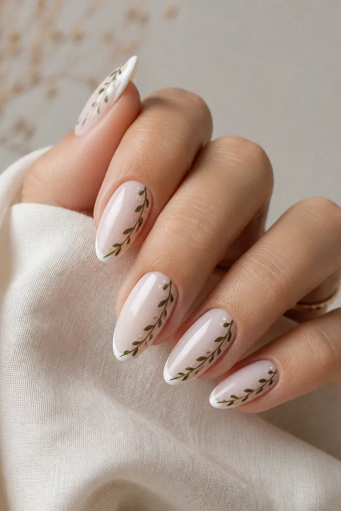 White almond nails with a very thin white French tip. From the sidewall near the cuticle, a single forest-green vine curves toward the tip, with tiny leaf pairs and a small dot bud on each nail.