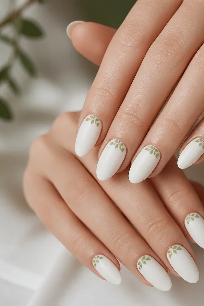 White almond nails with mostly bare white surface and a few sage-green micro leaves. Each nail has 3-5 tiny leaves clustered near the cuticle, leaving lots of clean negative space in the middle.