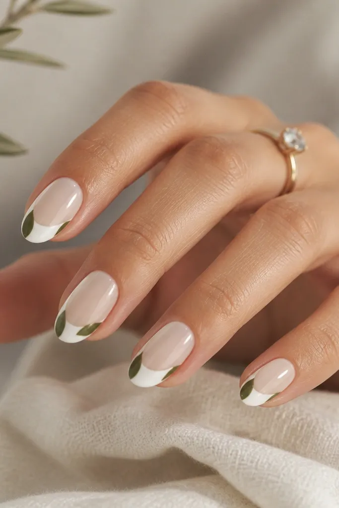 White almond nails with a French tip. The tip edge has two olive-green half-moon leaf shapes on alternating sides, like split leaves framing the smile line.