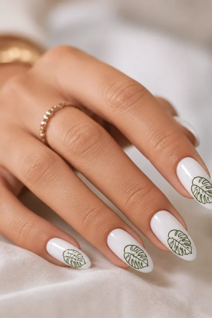 White almond nails with clean milky white bases. Each nail has one deep green monstera leaf drawn in a single-line style with a few cutout marks, placed diagonally from mid-nail to the tip.