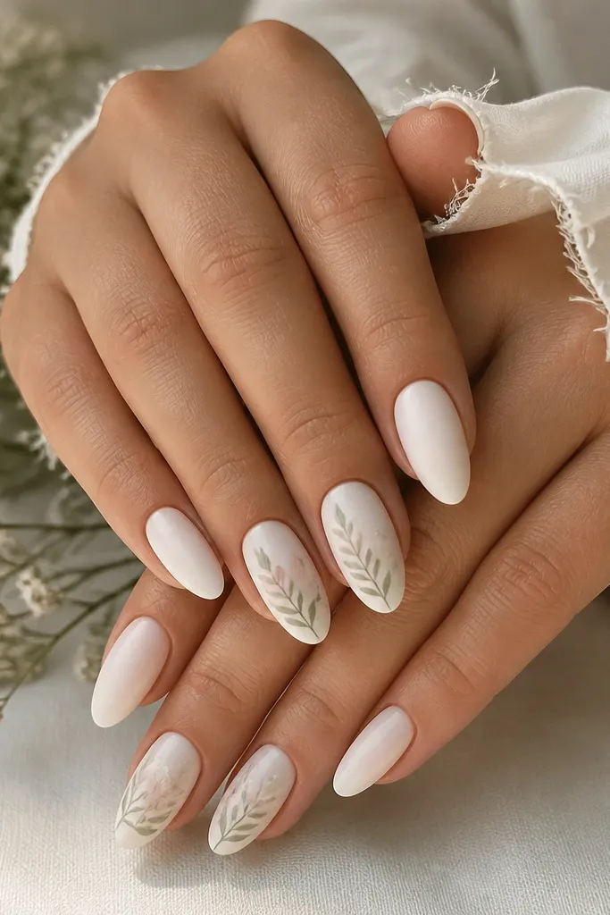 White almond nails with a semi-matte base. On two nails per hand, there's a faint pressed-flower silhouette in soft sage and pale pink. Small green leaf sprigs sit beside the silhouettes on the same nails.