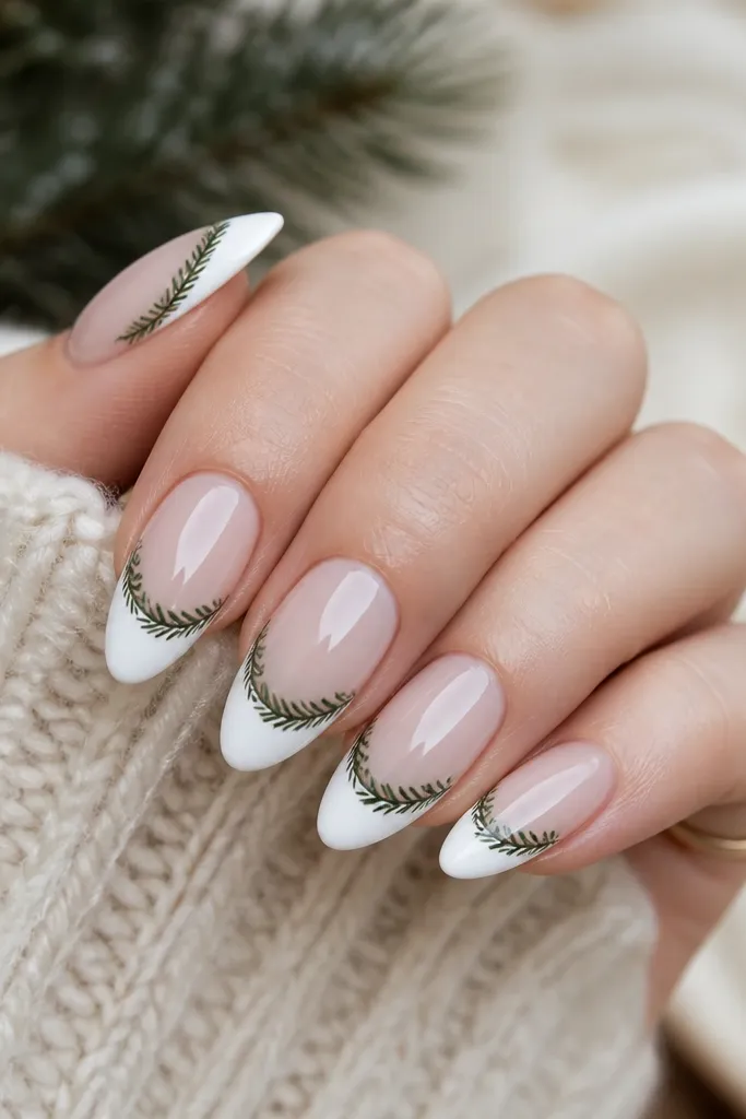 White almond nails with a classic white French tip. Along the smile line, micro pine-needle strokes in deep green run like a tiny evergreen garland on each nail.