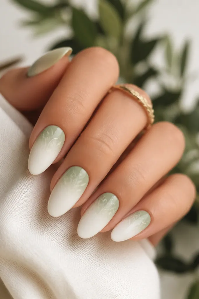 White almond nails with a gentle ombre. Sage color fades from the cuticle downward, and faint leaf outlines appear over the ombre like a watermark.