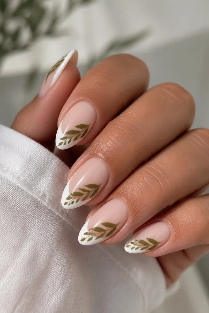 White almond nails with a French tip. On each nail, one bold olive-green leaf sweep arcs from the sidewall near the tip toward the center, with a few smaller leaf marks trailing behind.