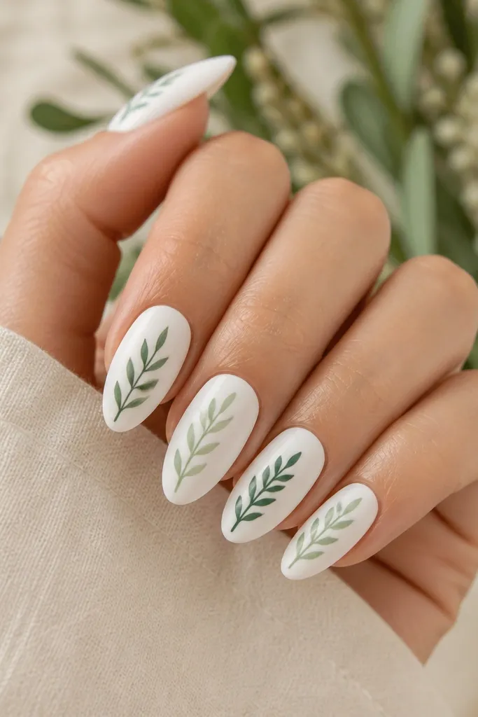 White almond nails where every nail has tiny herb sprigs. One nail uses sage-green sprigs, the next uses deep forest-green sprigs, alternating, with a few pale green leaf dots.