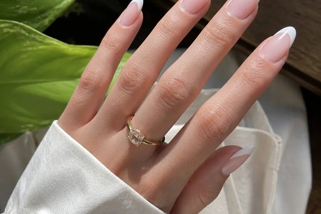 White french almond nails with plant-friendly vibes