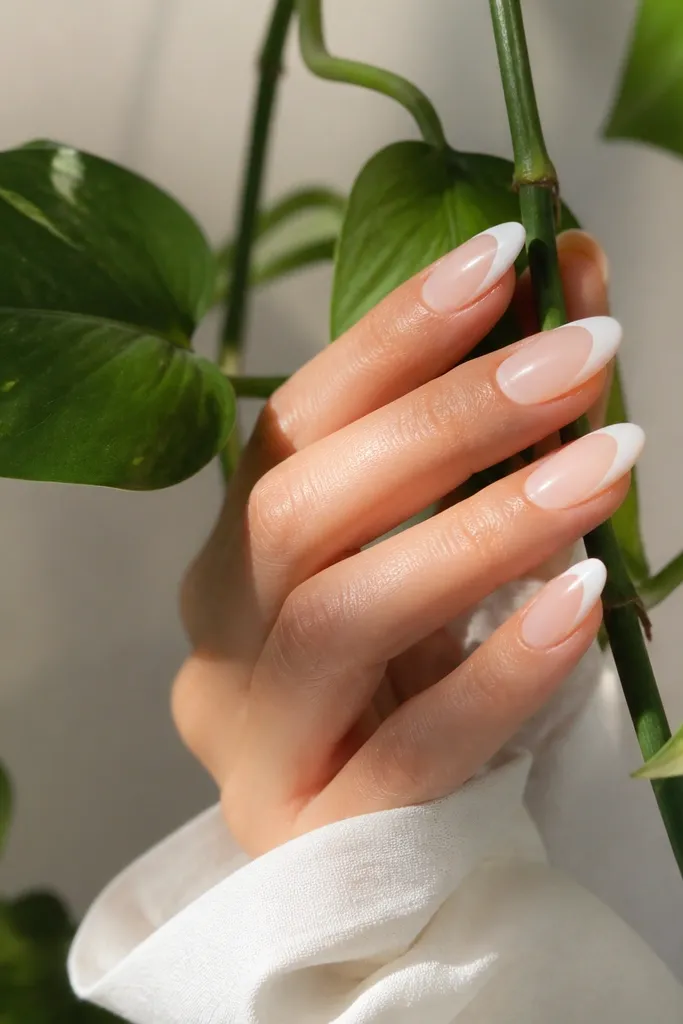 White french almond nails with plant-friendly vibes