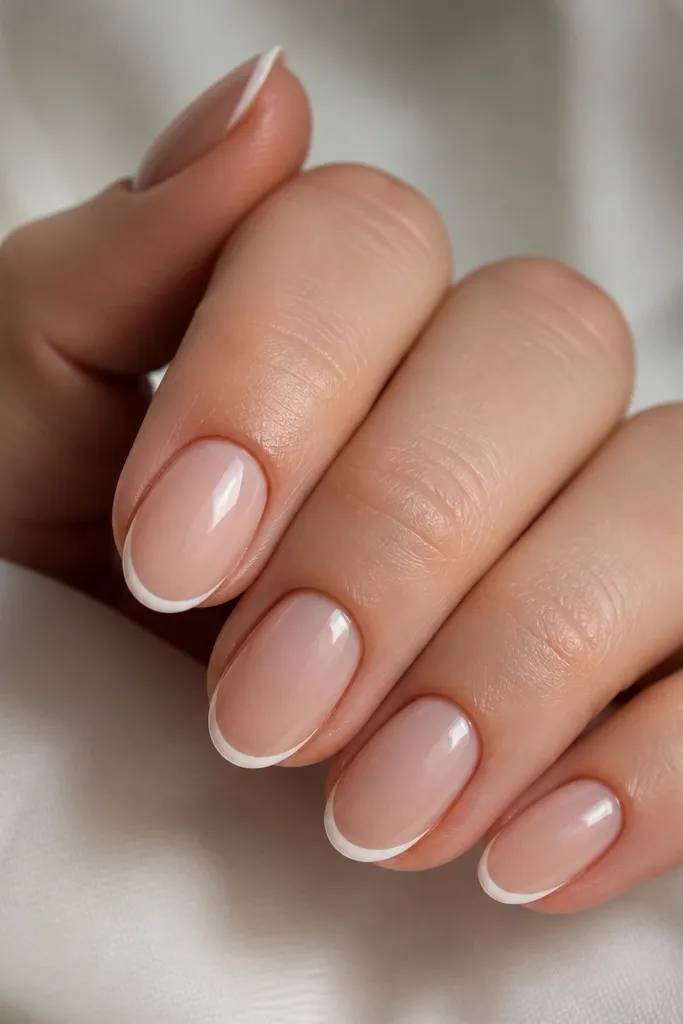 Close-up of short white almond nails with a super-thin white French line. The base is sheer nude, and the French arc is narrow and clean, with a glossy top coat.