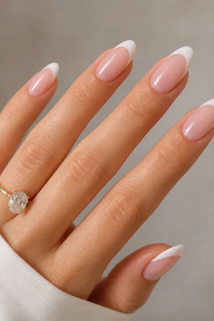 White almond nails with a soft sheer baby pink base and a traditional white French tip. The line is slightly thicker than micro French but still clean and smooth, finished with high gloss.