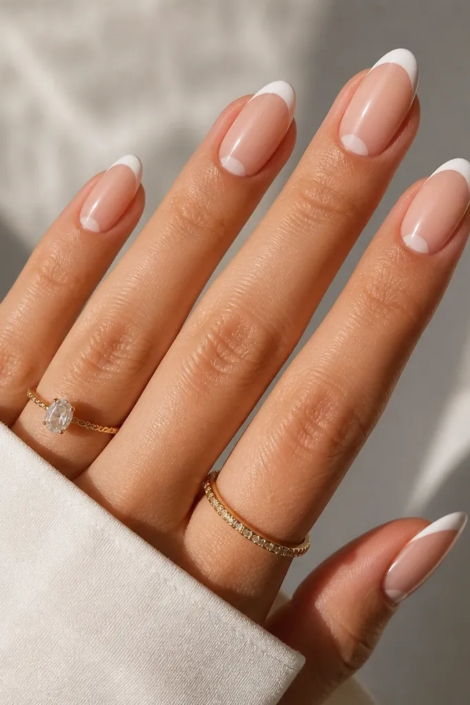 Almond nails with a negative space half-moon at the base and a white French line that covers only the outer tip. The center stays sheer, and the overall look is glossy and airy.
