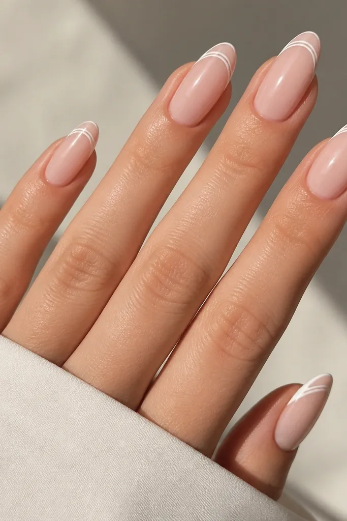 Almond nails with two thin white lines at the tip. Between the lines is a narrow nude strip, and the nails look glossy and clean.