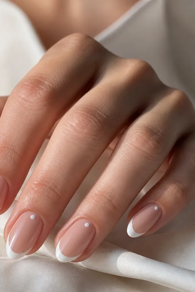 Almond nails with a thin white French tip and one small white dot placed close to the cuticle on each nail. The base is sheer nude, and the finish is glossy.