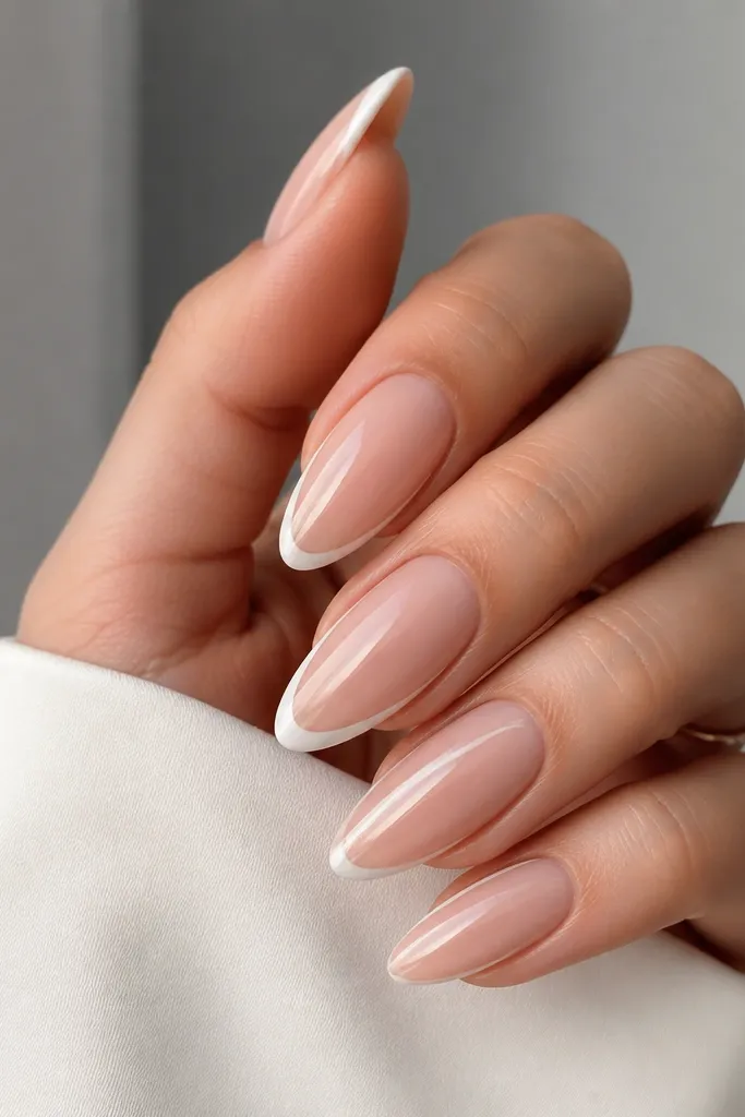 Almond nails with a white French tip and a single thin white stripe running down one side of the nail near the lateral edge. Base is sheer nude, glossy finish.