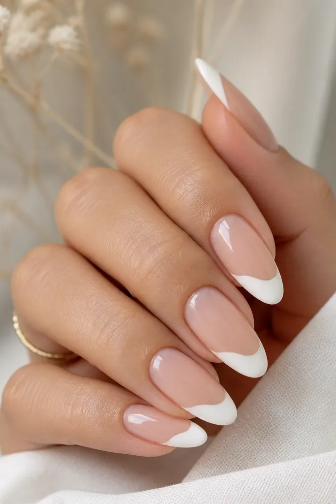 Almond nails with a white tip that has a gentle wave along the smile line rather than a perfect arc. Base is sheer nude, glossy finish.
