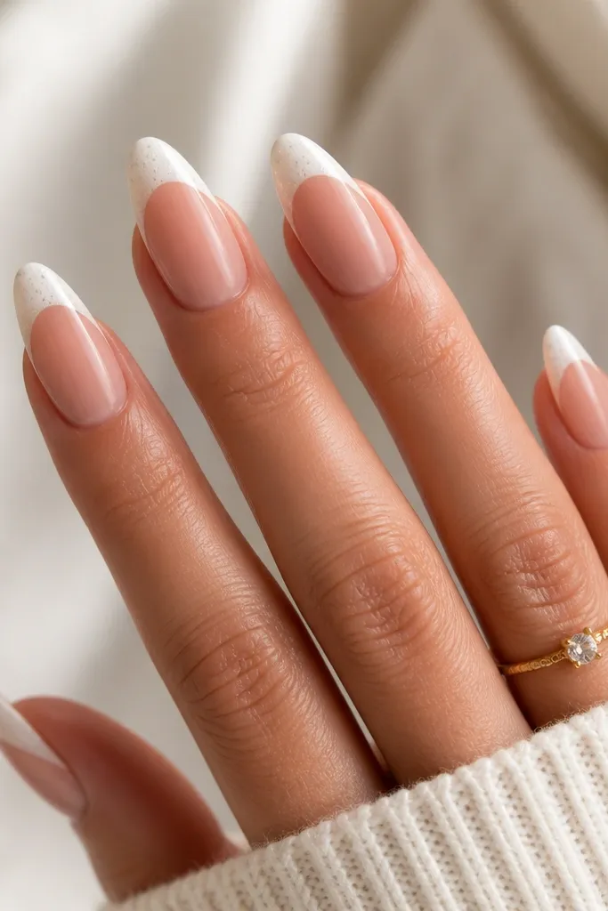 Almond nails with a white French tip and a few tiny micro-glitter specks only in the white area. Nude base is sheer, overall finish glossy.